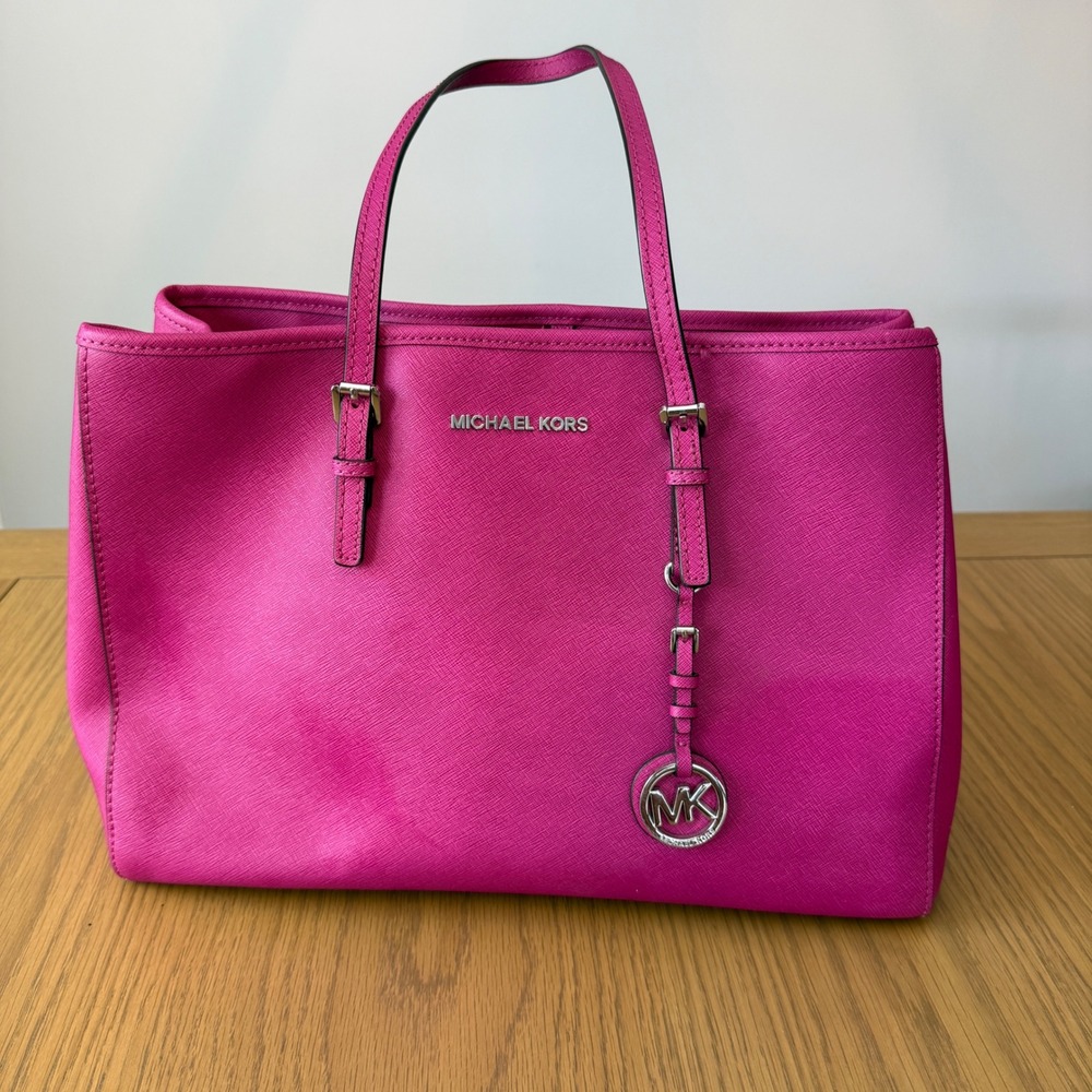 Michael Kors Saffiano Leather Tote Bag Womens Large Pink Barbie Preppy Travel